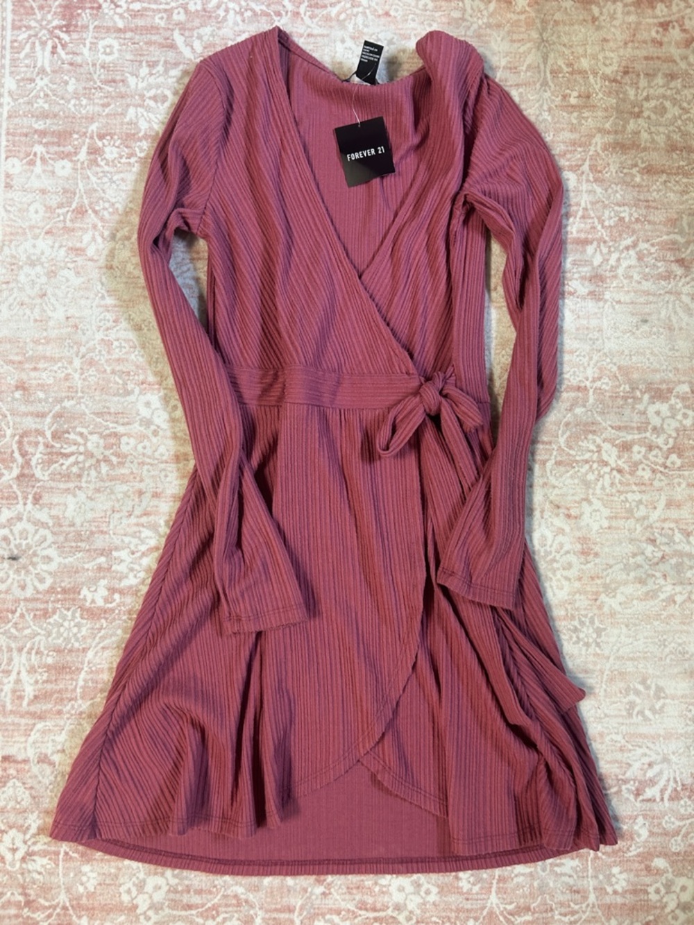 NWT Forever 21 Mauve Ribbed Long-Sleeve Wrap Dress with Tie